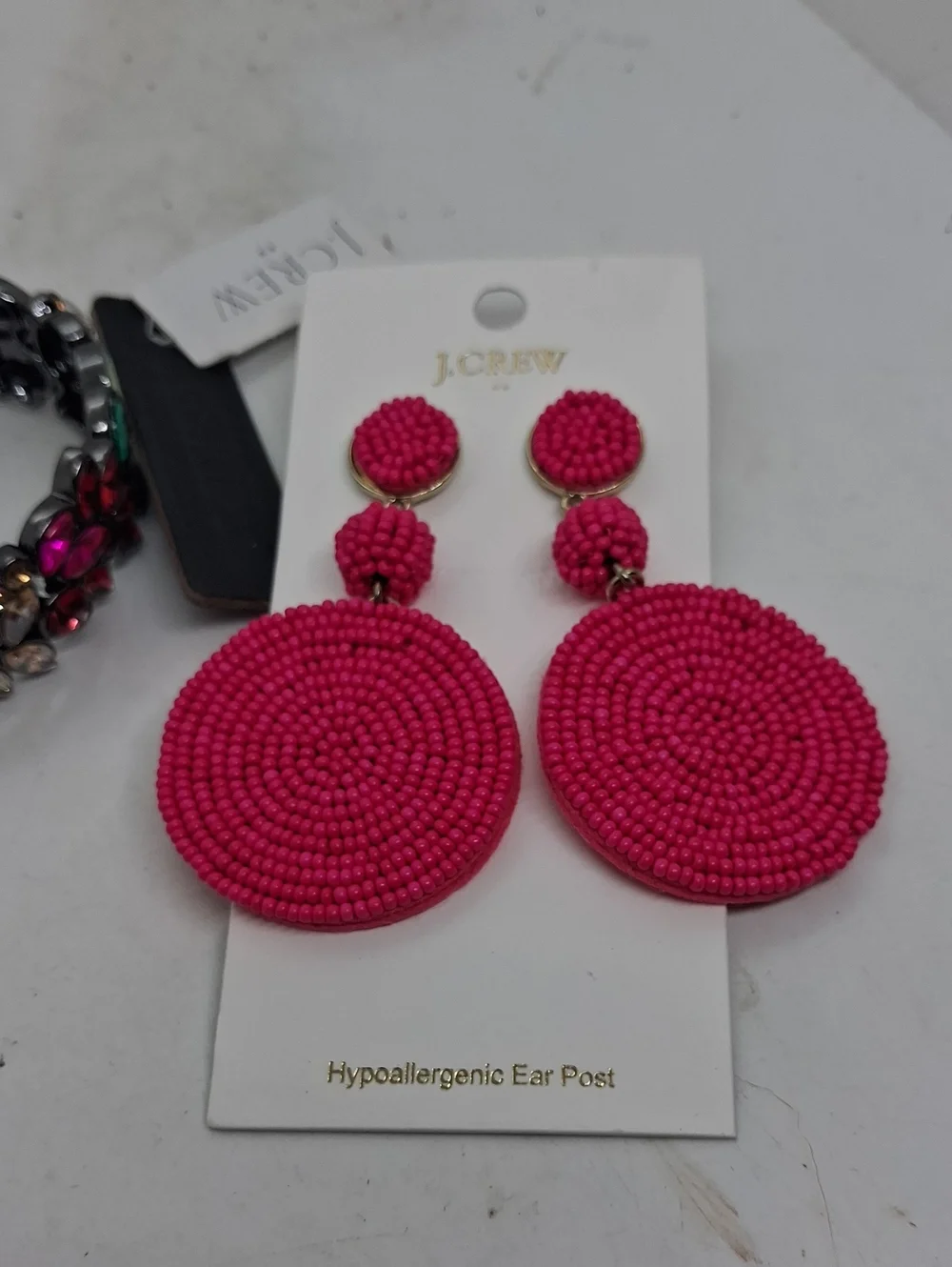 NWT J. Crew Pink Felt Disc Drop Earrings & Multi-colored Stretch Bracelet